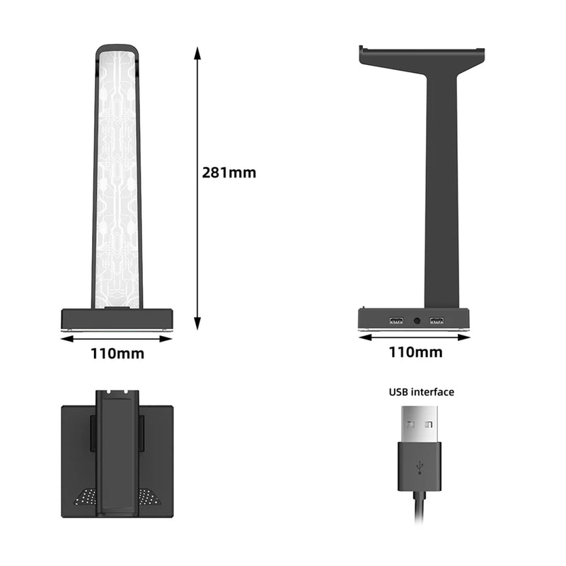 Suporte para Fones de Ouvido RGB para Gaming - Com 2 Portas USB e Porta de Áudio 3.5mm