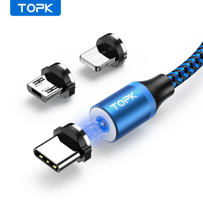 Cabo de Carregamento Magnético 3 em 1 - Rotação 360° com Luz LED para Micro USB e Tipo C