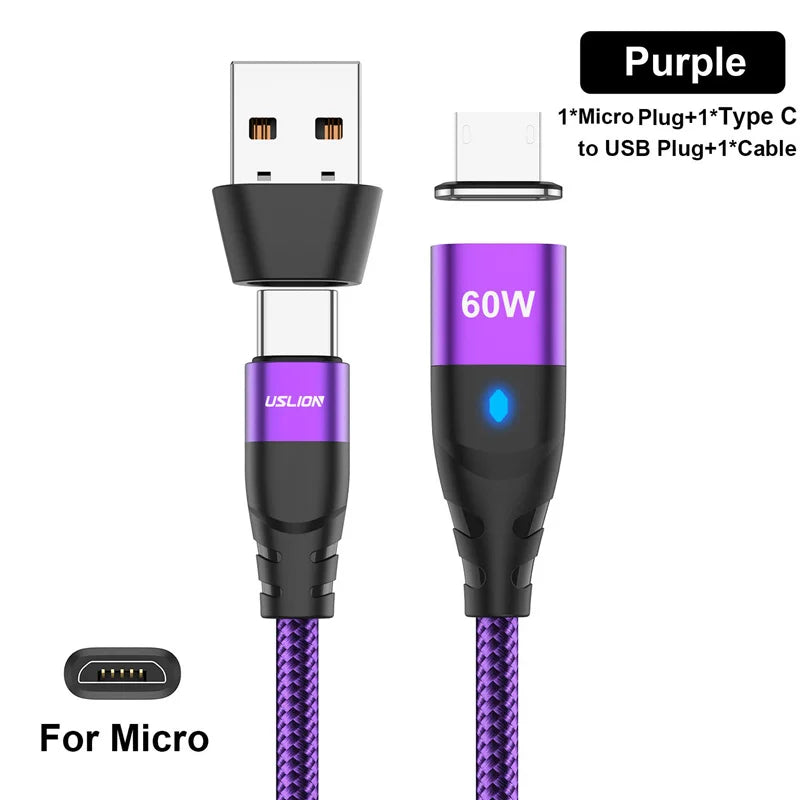 Cabo USB C para USB ( C ) Micro Magnético USLION - Carregador Rápido 60W PD