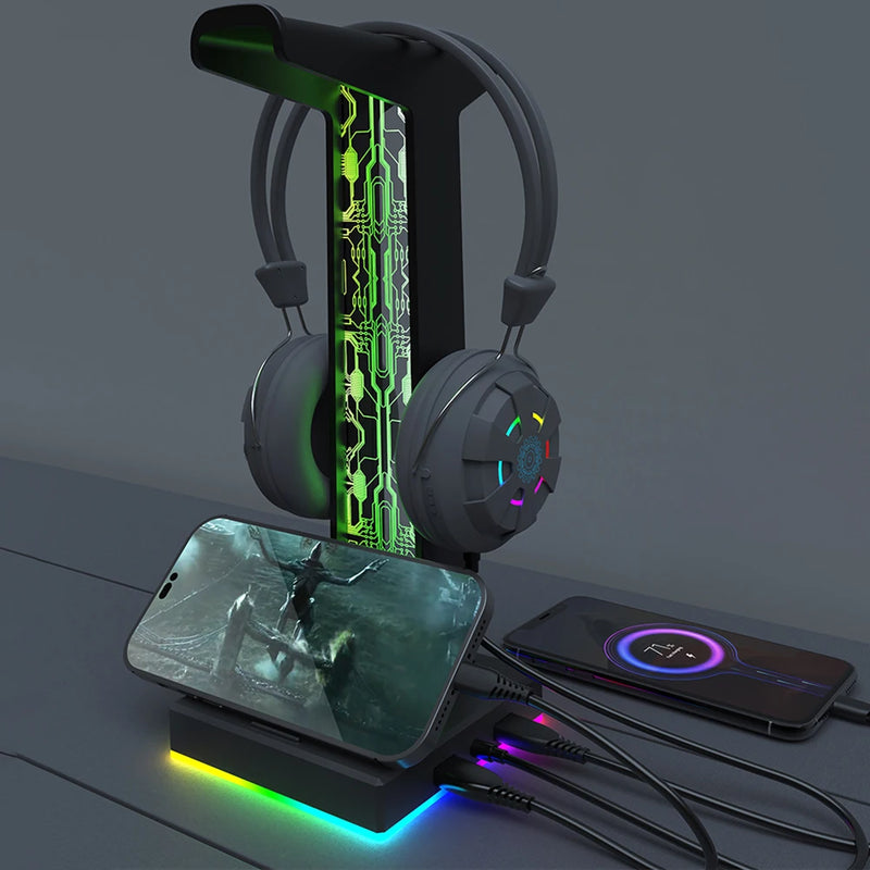 Suporte para Fones de Ouvido RGB para Gaming - Com 2 Portas USB e Porta de Áudio 3.5mm