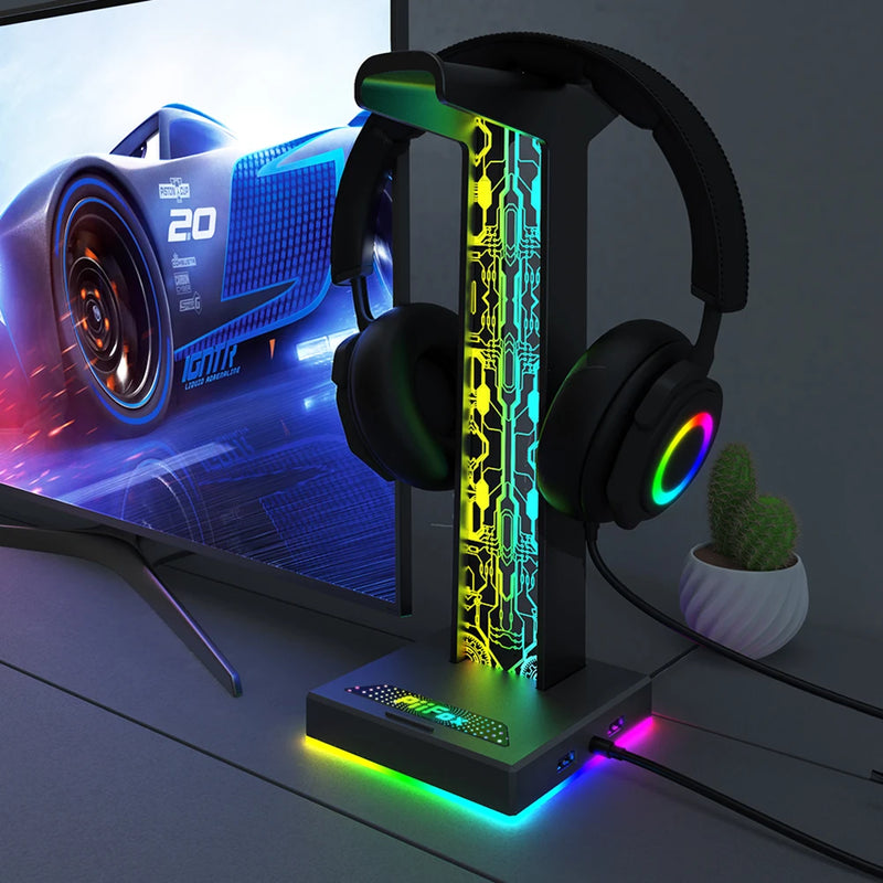 Suporte para Fones de Ouvido RGB para Gaming - Com 2 Portas USB e Porta de Áudio 3.5mm