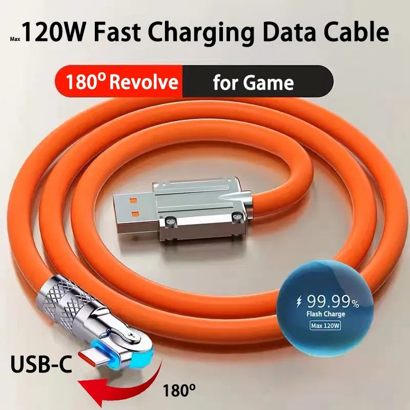 Cabo USB Tipo C 120W 7A Carregamento Rápido - Cabo de 180 Graus para Jogos e Carregamento de Celulares Xiaomi, Redmi