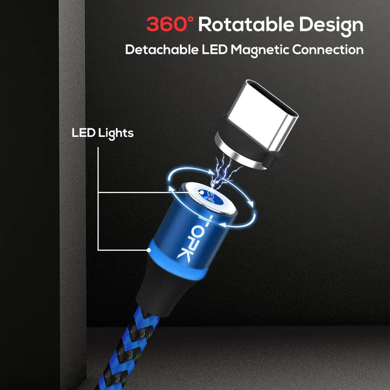 Cabo de Carregamento Magnético 3 em 1 - Rotação 360° com Luz LED para Micro USB e Tipo C