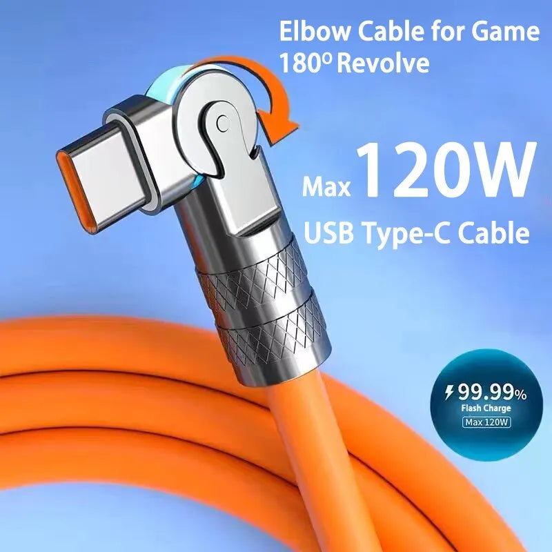 Cabo USB Tipo C 120W 7A Carregamento Rápido - Cabo de 180 Graus para Jogos e Carregamento de Celulares Xiaomi, Redmi