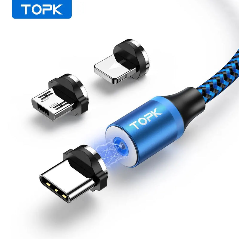 Cabo de Carregamento Magnético 3 em 1 - Rotação 360° com Luz LED para Micro USB e Tipo C