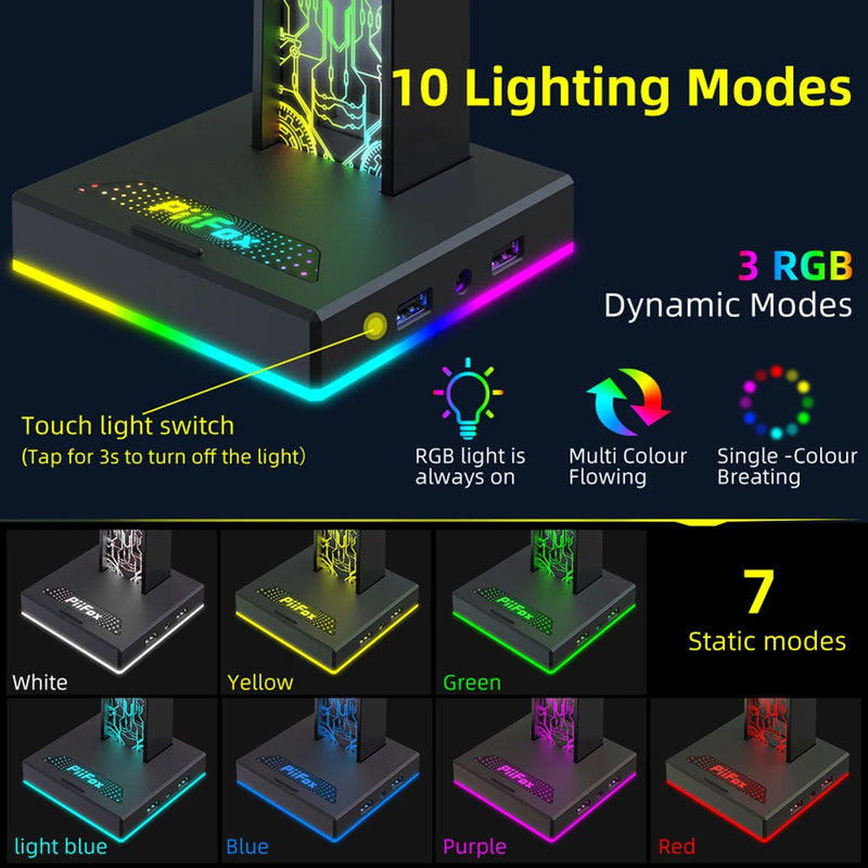 Suporte para Fones de Ouvido RGB para Gaming - Com 2 Portas USB e Porta de Áudio 3.5mm